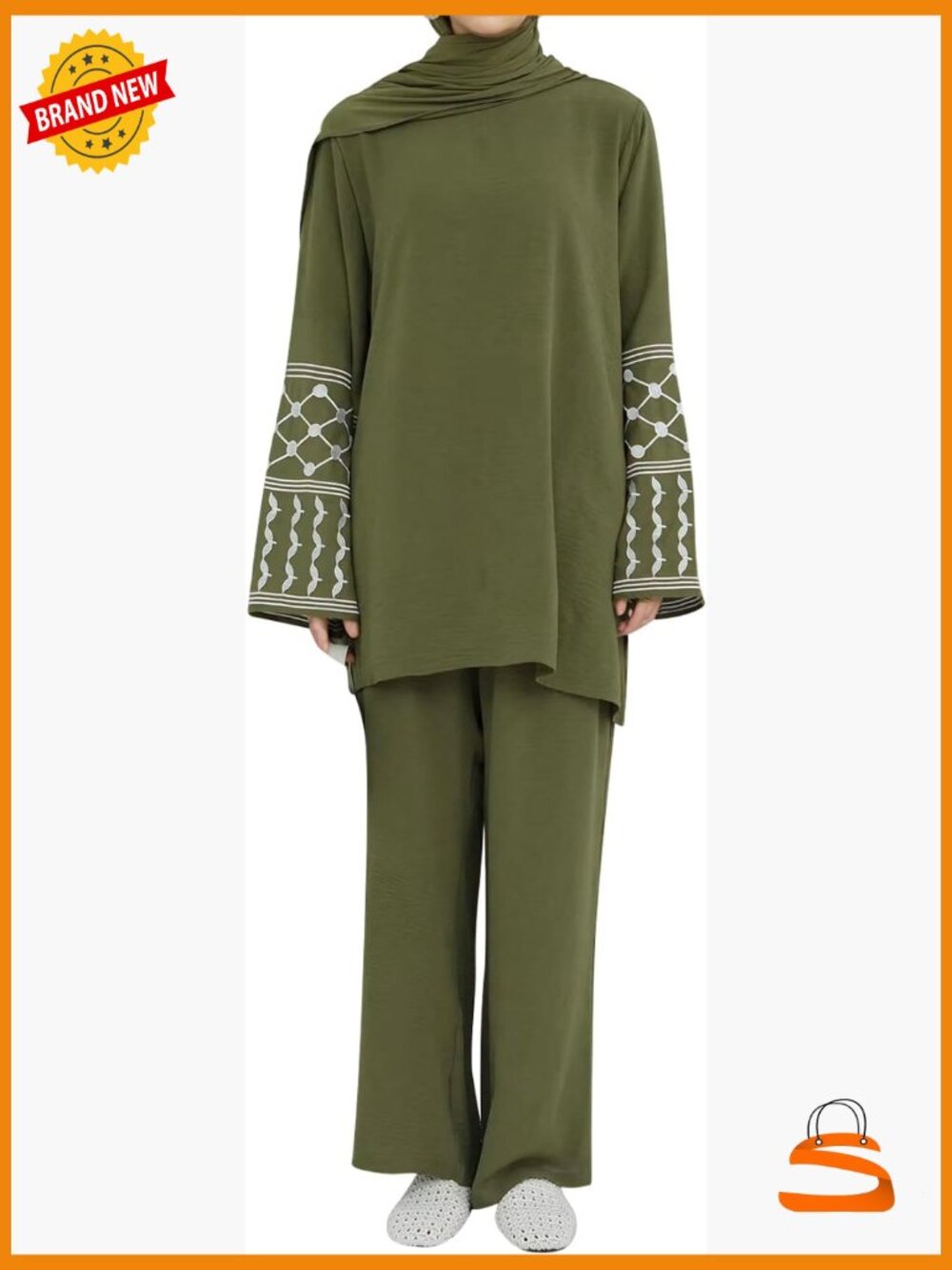 2 Piece Muslim Outfits Embroidery Abaya Set Long Sleeve Top Pants Islamic